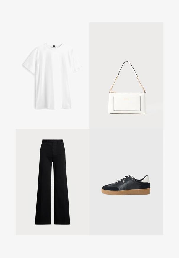 Valkoinen lyhythihainen T-paita, joka on valmistettu puuvillasta. Siinä on pyöreä kaula-aukko, suora helma ja pehmeä, sileä tekstuuri. Ei kuvioita tai grafiikkaa.; Mustat leveät housut, jotka on valmistettu kudotusta kankaasta. Niissä on korkea vyötärö, edessä nappisulku ja sivutaskut. Suora pinta puhtailla linjoilla.; Mustat nahka- ja mokkanahkakengät, joissa on vaaleanruskea kumipohja. Ominaisuuksiin kuuluvat valkoiset nauhat ja pienet rei'itykset sivuilla. Michael Korsin logo läsnä.; Valkoinen nahkalaukku tekstuuripinnalla, jossa on kultaketjuolkaimet ja mustia yksityiskohtia. Mukana etutasku ja vetoketjusulku.