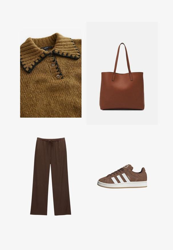 Brauner Strickpullover mit geripptem Kragen in Schwarz und Knopfverschluss, der einen strukturierten Stoff und eine praktische Gestaltung zeigt.; Braune weite Hosen aus weichem Stoff, mit einem elastischen Bund und Kordelzug sowie zwei Seitentaschen.; Braune Wildledersneaker mit weißen Lederstreifen, Gummisohle, gerundetem Zehenbereich und Schnürung. Mit einem Logo auf der Zunge und perforierten Akzenten.; Braune Leder-Tote mit glatter Textur, offenem Oberteil und zwei Schulterriemen. Verfügt über minimale Nähte und keine sichtbaren Beschläge.