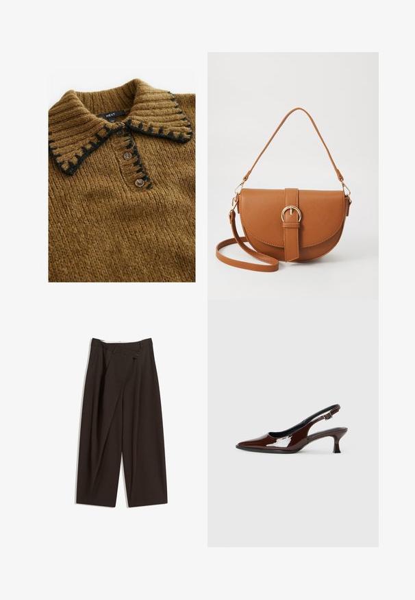 Bruine gebreide trui met een geribbelde kraag met zwarte accenten en knoopsluiting, met een gestructureerde stof en praktische ontwerp.; Donkere bruin wijde broek met een hoge taille, voorzien van een enkele knoopsluiting en een geplooide voorkant. Gemaakt van lichtgewicht stof.; Bruine gepatineerde leren slingback-schoen met een spitse neus en een gematigd hakje. Voorzien van een gespsluiting voor een veilige pasvorm. Glad van textuur.; Bruine leren schoudertas met een gebogen vorm, gouden hardware en een gespaccent. Bevat een afneembare schouderriem.
