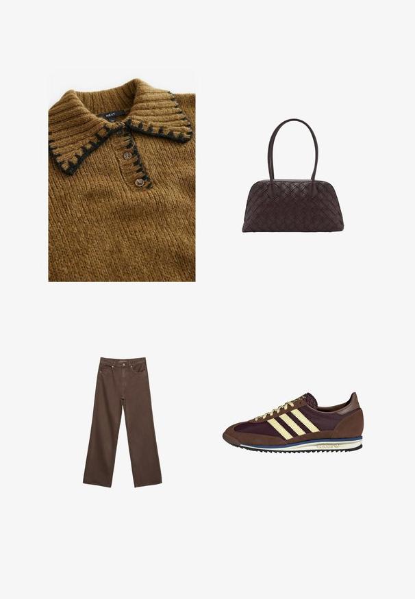 Maglione a maglia marrone con colletto a coste e dettagli neri, chiusura con bottoni, che presenta un tessuto texturizzato e un design pratico.; Jeans a gamba larga marroni in denim, con vita alta, tasche anteriori e chiusura a bottone classica. Tessuto liscio con cuciture sottili.; Sneaker marrone e bordeaux realizzato in materiali scamosciati e in rete, caratterizzato da tre strisce color crema, tessuto testurizzato sulla linguetta e suola in gomma.; Borsa a mano in pelle intrecciata marrone con forma arrotondata, doppi manici superiori e texture liscia; presenta cuciture sottili come dettaglio di design.