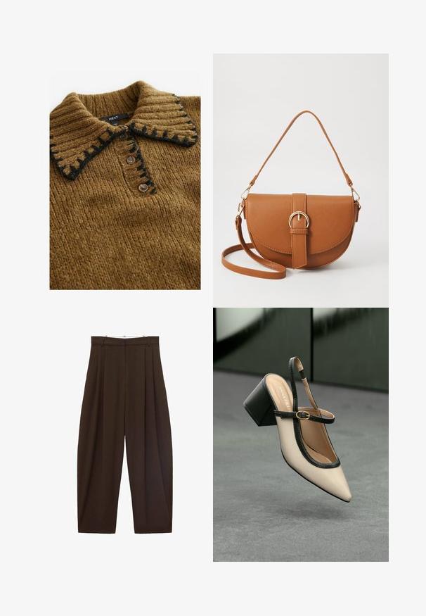 Smeđi pleteni pulover sa rebrastim ovratnikom s crnim detaljima i kopčanjem na dugme, koji prikazuje teksturiranu tkaninu i praktičan dizajn.; Smeđe hlače visokog struka s nabranim detaljima, izrađene od glatkog materijala. Labav kroj, ravne nogavice, sa petljama za remen i zatvaračem na munju.; Bež cipele s otvorenom petom i šiljastim vrhom, crnim obrubom, zlatnom kopčom i debelim blok-petom na sivom podu s tamnozelenom pozadinom.; Smeđa kožna torba preko tijela s zakrivljenim oblikom, zlatnim metalnim detaljima i naglaskom na kopču. Ima odvojivu naramenicu.