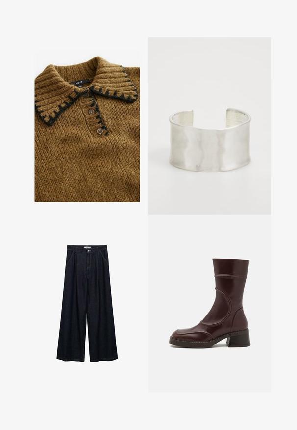 Maglione a maglia marrone con colletto a coste e dettagli neri, chiusura con bottoni, che presenta un tessuto texturizzato e un design pratico.; Pantaloni larghi in denim scuro con vita alta, dotati di chiusura frontale con bottone, due tasche laterali e dettagli di cucitura.; MIISTA MALENE - Stivaletti - brown; Zign Bracciale - silver-coloured