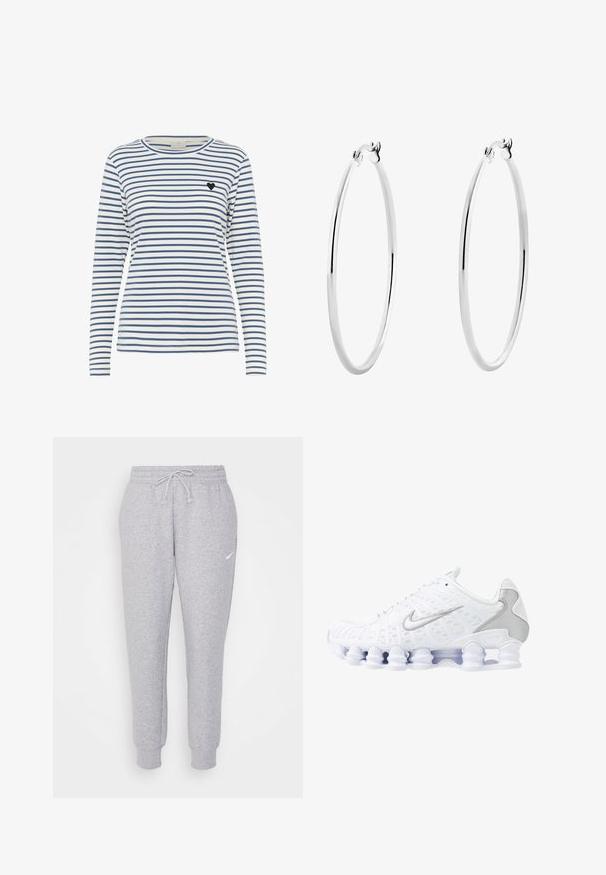 Long-sleeve striped shirt in white and navy, featuring a round neckline and a small black heart accent on the left chest. Soft fabric texture.; Light gray sweatpants with a drawstring waist, tapered legs, and a small white logo on the left thigh. Made from a soft, textured fabric.; White athletic shoes with mesh upper, silver accents, and a unique coil sole design. Features padded collar and lace closure for fit.; Silver hoop earrings with a smooth, polished surface and a thin, circular shape. The design features a secure clasp.