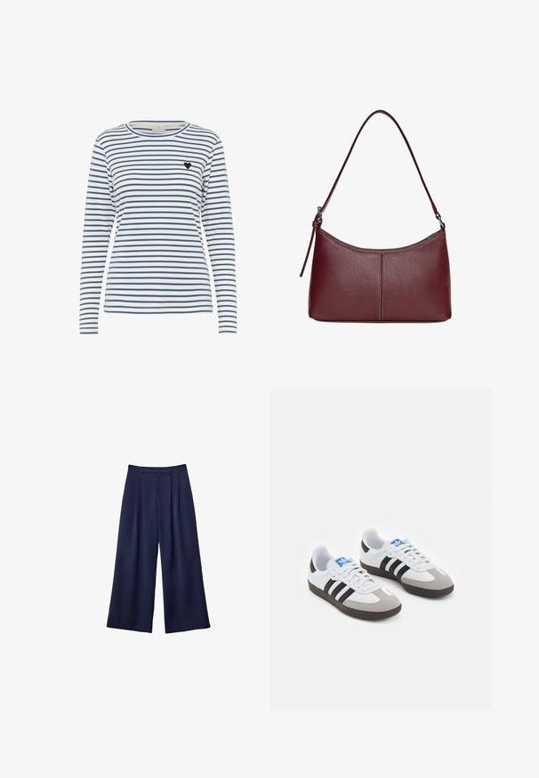 Langärmliges, gestreiftes Hemd in Weiß und Marineblau, mit rundem Ausschnitt und einem kleinen schwarzen Herzakzent auf der linken Brust. Weicher Stoff.; Marineblaue weite Hosen mit Falten, Knopfverschluss und Gürtelschlaufen, flach auf einem weißen Hintergrund präsentiert.; Sportschuhe mit einem Obermaterial aus weißem Leder, grauer Wildleder-Zehenkappe und drei schwarzen Streifen. Sie verfügen über ein blaues Logo auf der Zunge und eine strukturierte Gummisohle.; Bordeauxfarbene Ledertasche mit geschwungener Form, einem einzigen Schulterriemen und gesteppten Details in der Mitte. Glatte Textur, minimales Zubehör.