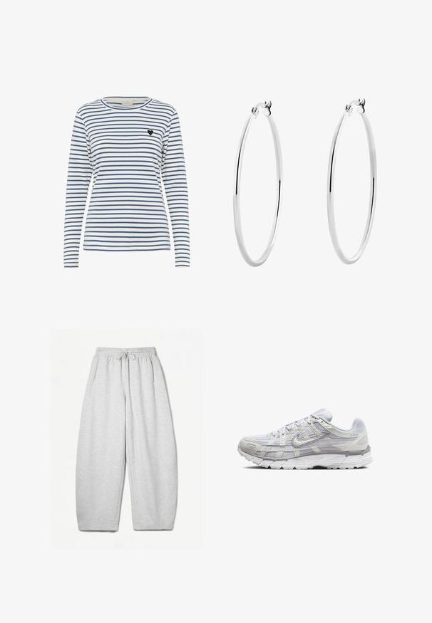 Camicia a maniche lunghe a righe bianche e navy, con scollo rotondo e un piccolo cuore nero sul lato sinistro del petto. Tessuto morbido.; Pantaloni della tuta grigio chiaro con una vestibilità rilassata, vita elasticizzata, cordoncino e tasche laterali; realizzati in un morbido tessuto testurizzato.; Scarpe da ginnastica grigio chiaro con tomaia in rete e sintetico, dotate di chiusura con lacci, collo imbottito e suola testurizzata per una migliore aderenza.; Orecchini a cerchio in argento con una superficie liscia e lucida e una forma circolare sottile. Il design presenta una chiusura sicura.