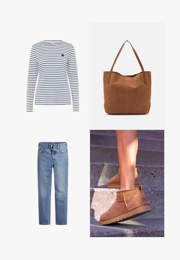 Long-sleeve striped shirt in white and navy, featuring a round neckline and a small black heart accent on the left chest. Soft fabric texture.; Light blue denim jeans with a straight cut, five-pocket design, and a button fly. Features subtle fading and orange stitching accents.; Tan suede ankle boots with a soft texture, stitched detailing, and a rubber sole, featuring a looped heel for easy wear.; Brown suede tote bag with two long handles, featuring a smooth texture, simple design, and no visible hardware or accents.