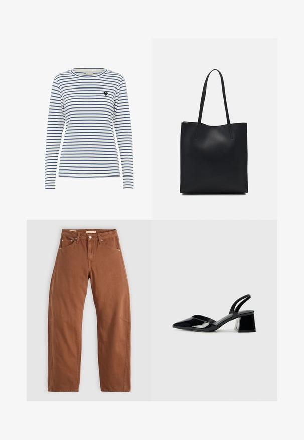 Langsleeve gestreepte shirt in wit en marineblauw, met een ronde halslijn en een kleine zwarte hartaccent op de linkerborst. Zachte stoftextuur.; Roestbruin rechte jeans met voor- en achterzakken, metalen klinknagels, knoopsluiting en riemlussen, plat neergelegd op een witte achtergrond.; Zwarte gepatineerde leren slingback hakken met een spitse neus en een geometrische blokhak. Kenmerkt zich door een slank, minimalistisch ontwerp en een gladde textuur.; Zwarte leren handtas met een gladde textuur, rechthoekige vorm en twee lange handvaten. Geen zichtbare hardware of versieringen.