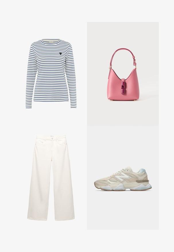Langsleeve gestreepte shirt in wit en marineblauw, met een ronde halslijn en een kleine zwarte hartaccent op de linkerborst. Zachte stoftextuur.; Witte wijde jeans van denim met een hoge taille, voorzien van voorzakken en metalen accessoires op de knoop en ritsluiting.; Beige en lichtblauwe mesh en suède atletische sneaker met wit "N" logo en chunky witte en bruine zool, zijaanzicht.; Roze leren handtas met een gestructureerde vorm, voorzien van een glanzende sluiting en een enkele verstelbare schouderband. Getextureerde afwerking met gouden hardware.