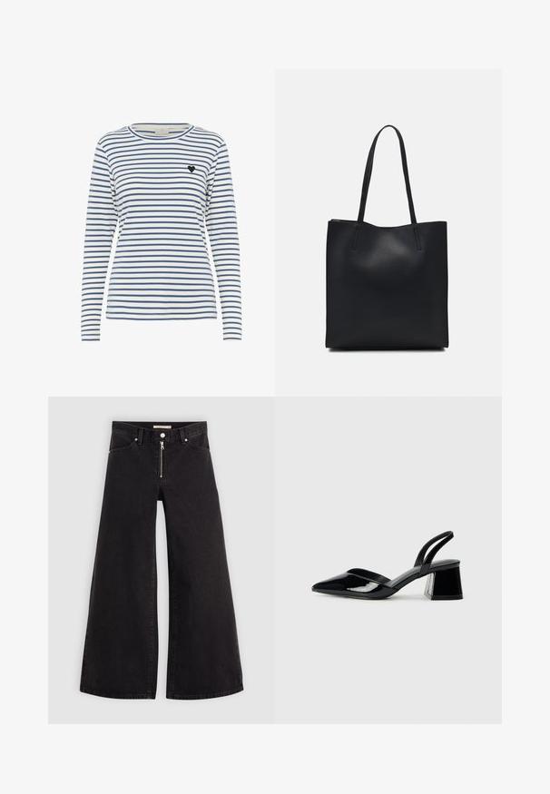 Langærmet stribet skjorte i hvid og navy, med rund halsudskæring og en lille sort hjertepåtryk på venstre bryst. Blød stofstruktur.; Vide ben jeans i sort denim med lynlås foran, fem lomme-design og subtile stikninger. Glat tekstur og afslappet stil.; Sorte patentlæder slingback hæle med spids tå og en geometrisk blok hæl. Har et elegant, minimalistisk design og en glat tekstur.; Sort læder tote taske med glat tekstur, rektangulær form og to lange hanke. Ingen synlig hardware eller udsmykninger.