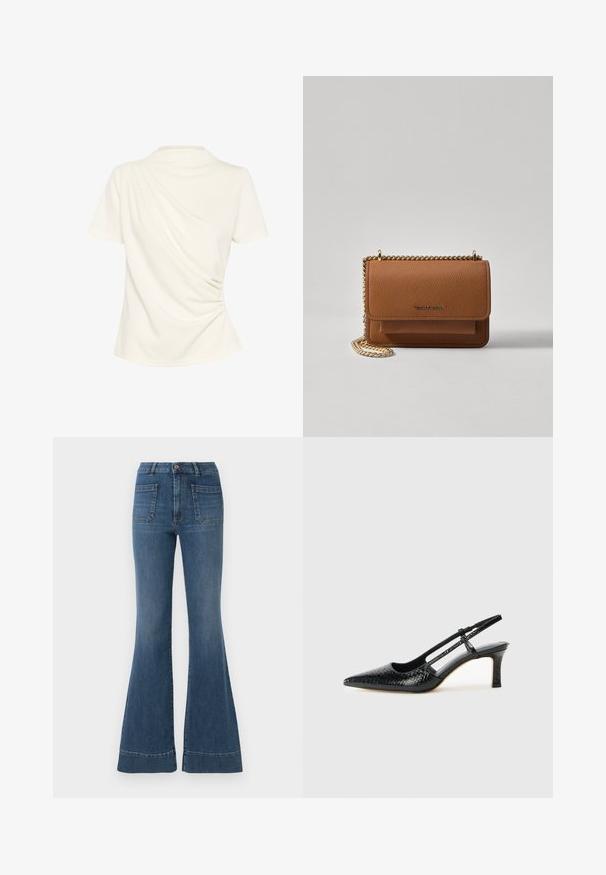 Balta trumpa rankovėlu marškiniai su drapiruotu dizainu ir raukiniais vienoje pusėje, švelni tekstūra, tinkama kasdieniam dėvėjimui.; Mėlynos plačios džinsinės kelnės vidutinio skalbimo, su aukštu liemeniu, penkiais kišenėmis ir šiek tiek išblukimo aplink kelius bei šlaunis.; Juodai lakuoti slingback aukštakulniai su smailiu nosiu, su tekstūruotu gyvatės raštu, reguliuojama juosta ir trumpu, tekstūruotu blokiniu kulnu.; Ruda tekstūruota odinė per petį nešama rankinė su auksiniu grandininiu dirželiu ir užlenkiamo užsegimo. Priekinėje pusėje yra logotipo detalė ir kišenė po užlenkimu.