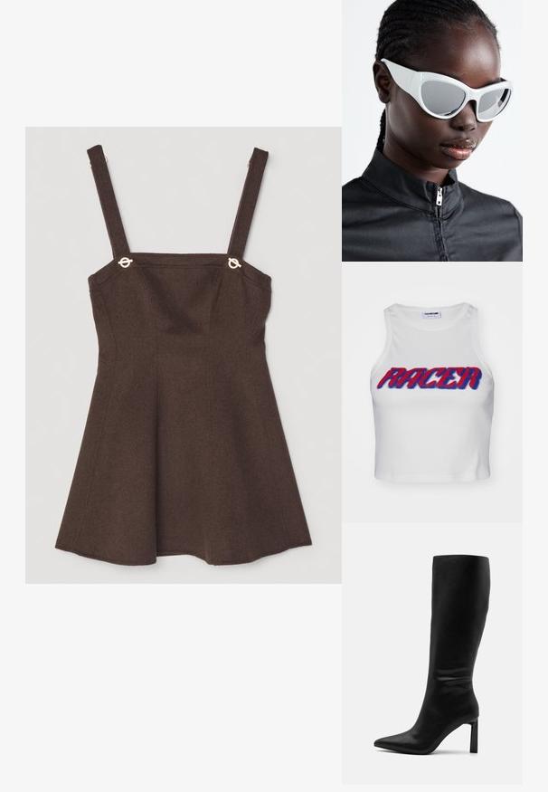 Valge ribaga lühike särk, mille ees on boldne punane ja sinine kiri "RACER".; Pruun ilma varrukateta kleit reguleeritavate rihmadega, millel on kuldse tooniga detailid ja laienev A-line disain. Villasegu tekstuur.; Even&Odd Saapad - black; Valged prillid julge, ülisuurte vormidega ja peegeldavate läätsedega, millel on siledad plastikust raamid ja rõhutatud kõverused.