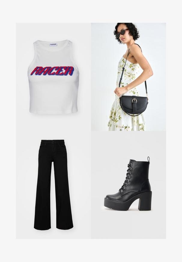 Balta suglebusi trumpa maikė, kuriame pažymėtas žodis "RACER" ryškiu raudonu ir mėlynu šriftu priekyje.; Juodos plačios kelnės iš denimo, turinčios struktūruotą juosmenį, diržo kilpas ir priekines kišenes. Lygus paviršius su klasikinio dizaino elementais.; Juodas odinis kulkšninis botas su masyviu padu, raišteliais priekyje ir tekstūruota paviršiumi. Ant jo užpakalinės pusės yra kilpytė, skirta patogiam užsidėjimui.; Juodas odinis krepšys su išlenkta forma, nuimamu dirželiu ir auksiniais detalėmis. Krepšys turi kilpą su sagtimi.