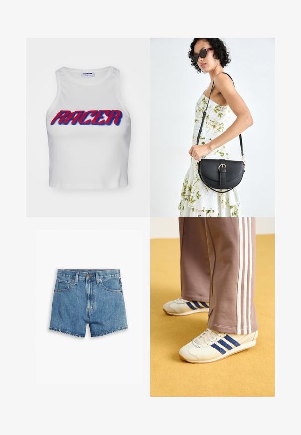 Biela rebrovaná skrátená tielko s výrazným nápisom "RACER" v tučnej červenej a modrej farbe na prednej strane.; Džínové šortky v svetlo modrej farbe, s piatimi vreckami, zipsom a zapínaním na gombík. Spodný lem je rozstrapkaný s voľným strihom.; Krémové tenisky s modrými semišovými pruhmi, bielymi šnúrkami a gumovou podrážkou. Tento outfit dopĺňajú šedé teplákové nohavice s bielymi bočnými pruhmi.; Čierna kožená kabelka s zaobleným tvarom, odnímateľným popruhom a zlatými doplnkami. Kabelka má klopu s detailom s prackou.