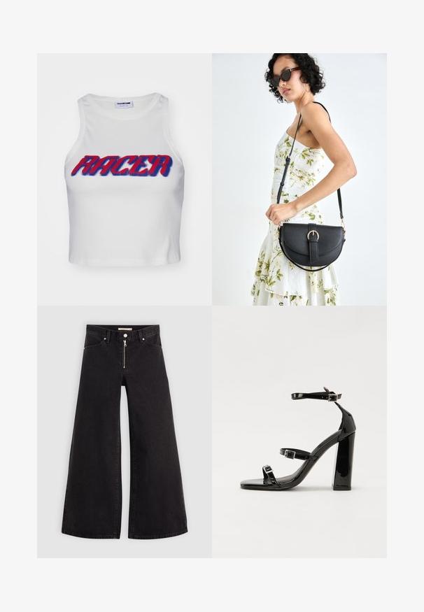 Hvit ribbete, kort tanktop med ordet "RACER" i fet rød og blå skrift over fronten.; Vide benbukser i sort denim med glidelås i front, fem-lomme design og subtile sømdetaljer. Glatt tekstur og avslappet stil.; Svart høyglans sandaler med hæl, firkantet tå, ankelremmer og sølvspenner. Har en kraftig blokkhæl for stabilitet.; Svart lærveske med en buet form, avtagbar stropp og gullbeslag. Vesken har et klaff med spenne-detall.