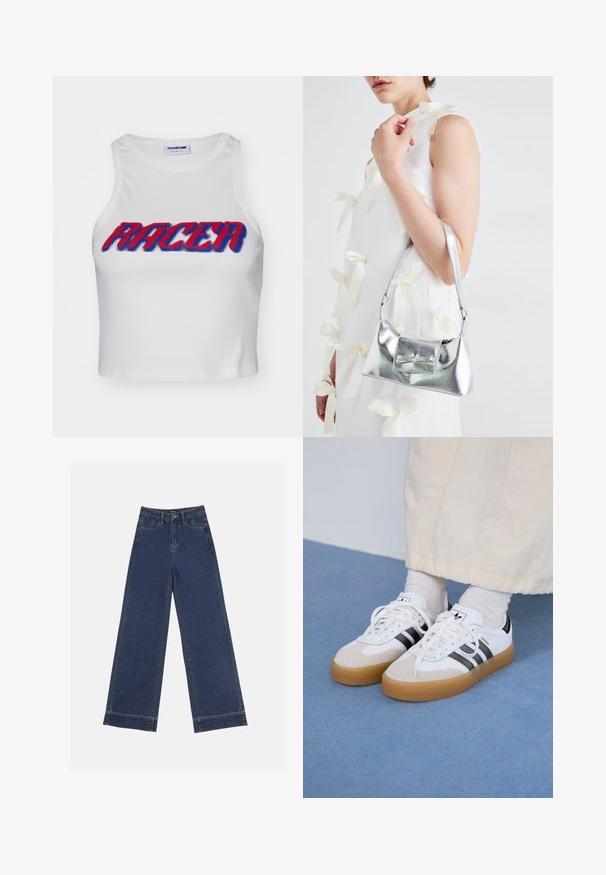 Hvit ribbete, kort tanktop med ordet "RACER" i fet rød og blå skrift over fronten.; Videbenede dressbukser i mørkeblå denim. Har fem lommer, beltestropper og en rå kant i bunden med synlige stikninger.; Hvite sneakers med svarte striper og beige semsket skinn-detaljer. Har en teksturert gummisåle og flate hvite snører, brukt med lyse sokker.; Sølvmetallisk håndveske med en strukturert form, med en topphåndtak og sløyfedetalj foran. Glatt tekstur, reflekterende overflate.