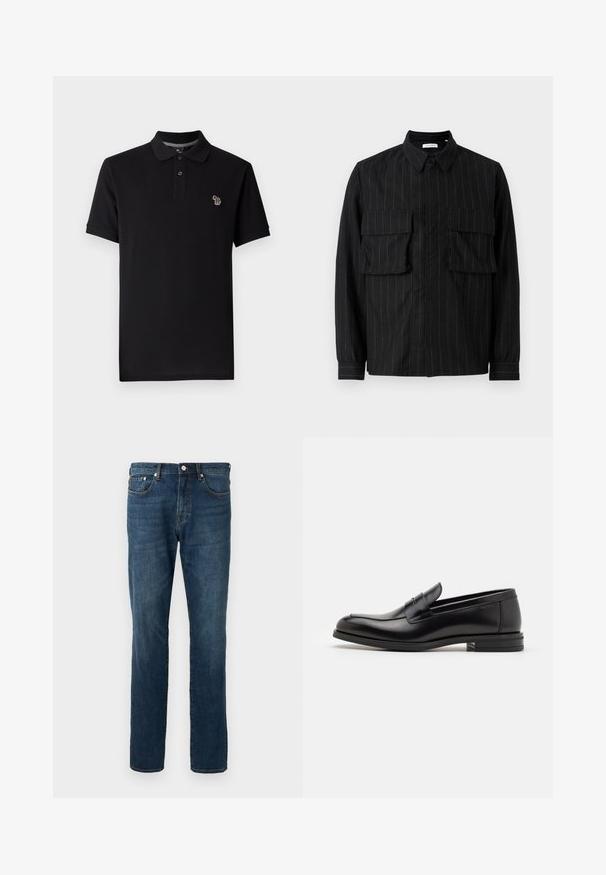 Mustapaita, joka on valmistettu puuvillasta ja jossa on klassinen muotoilu. Paidassa on kaksinappinen kaulus ja rinnan kohdalla pieni värikäs norsulogo.; Musta pitkähihaista paitaa, jossa on pystysuorat raidat, kaksi rintataskua, kauluspääntie ja napitus etupuolella. Pehmeä, teksturoitu kangas.; Tummansiniset farkut, suora lahje, viisi taskua, nappisulku, joissa on hienovaraisia haalistumis- ja ompeluyksityiskohtia. Sujuva rakenne.; Mustat nahkakengät, joissa on sileä pinta, pyöreä kärki ja koristeellinen nauha jalkapöydän yli. Matala pinoitu koroke, minimalistinen muotoilu.