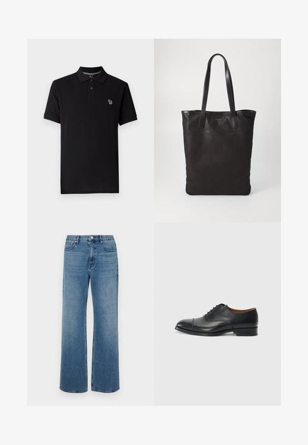 Schwarzes Poloshirt aus Baumwolle im klassischen Design, mit einem Kragen mit zwei Knöpfen und einem kleinen bunten Elefantenlogo auf der Brust.; Weite blaue Jeans aus Denim mit einem verblassten Finish. Verfügt über fünf Taschen, einen Frontknopfverschluss und einen geraden Schnitt.; Schwarze Lederoberlederschuhe mit glatter Oberfläche, abgerundetem Zeh, fünf Ösen für die Schnürsenkel und niedrigem Blockabsatz. Minimalistisches Design mit feinen Nähten.; Schwarze Stofftote mit schwarzen Ledergriffen. Einfaches Design, geräumiger Körper und glatte Textur. Keine sichtbaren Logos oder Muster.