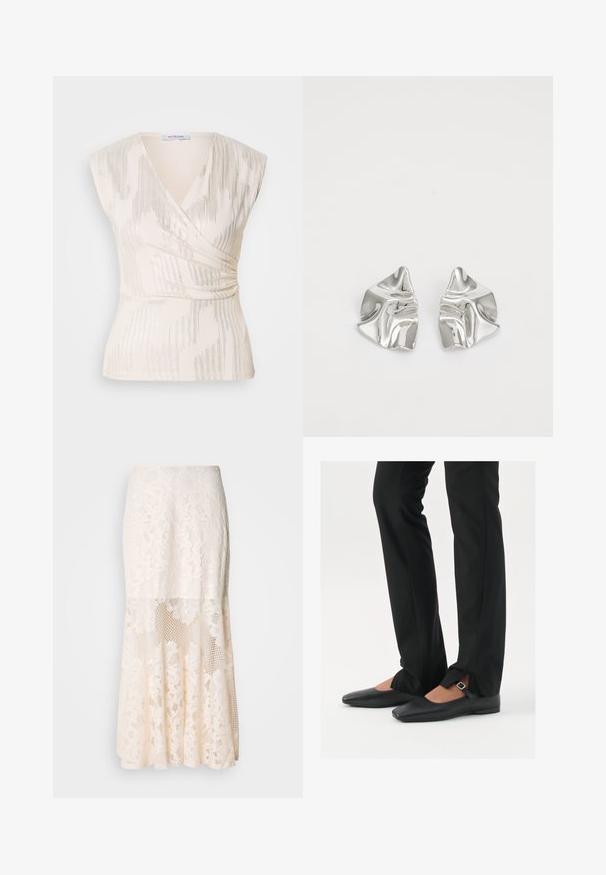 Cream-colored wrap top with short sleeves, featuring a textured pattern of vertical stripes and subtle shimmer, gathered at the waist.; Floral lace midi skirt in cream; features layered design with sheer sections, textured lace, and a flared hem.; Black leather ballet flats with a pointed toe, strap with silver buckle, paired with black tailored pants featuring a slit hem.; Silver metal earrings with a wavy, sculptural design featuring a polished finish and irregular shapes, highlighting a contemporary aesthetic.