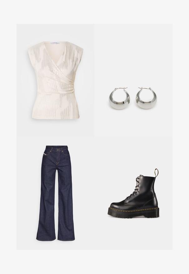 Cream-colored wrap top with short sleeves, featuring a textured pattern of vertical stripes and subtle shimmer, gathered at the waist.; Dark blue wide-leg jeans in denim fabric with a high waist, featuring orange stitching, five-pocket design, and a button closure.; Black leather lace-up ankle boots with a chunky black sole and yellow stitching. Features a pull tab at the back and circular metal eyelets.; Silver metal hoop earrings with a smooth, shiny surface and a structured, rounded design. Features a hinged clasp for secure wear.