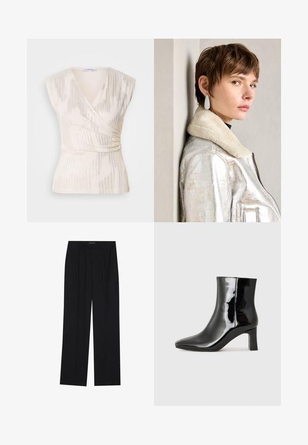 Kremowy top zapinany z krótkimi rękawami, z teksturowanym wzorem pionowych pasów i subtelnym blaskiem, zmarszczony w talii.; Czarne spodnie o prostym kroju nogawek, z dwoma przednimi kieszeniami i paskiem w talii. Wykonane z gładkiego, lekkiego materiału.; Czarne lakierowane botki za kostkę z wysmukłym noskiem i średniej wysokości obcasem w kształcie słupka. Gładka tekstura i minimalistyczny design.; Srebrna metaliczna skórzana kurtka z kołnierzem z owczej wełny, z zamkiem błyskawicznym i teksturowaną powierzchnią. Duże kolczyki w kształcie łzy z przezroczystymi kamieniami szlachetnymi.