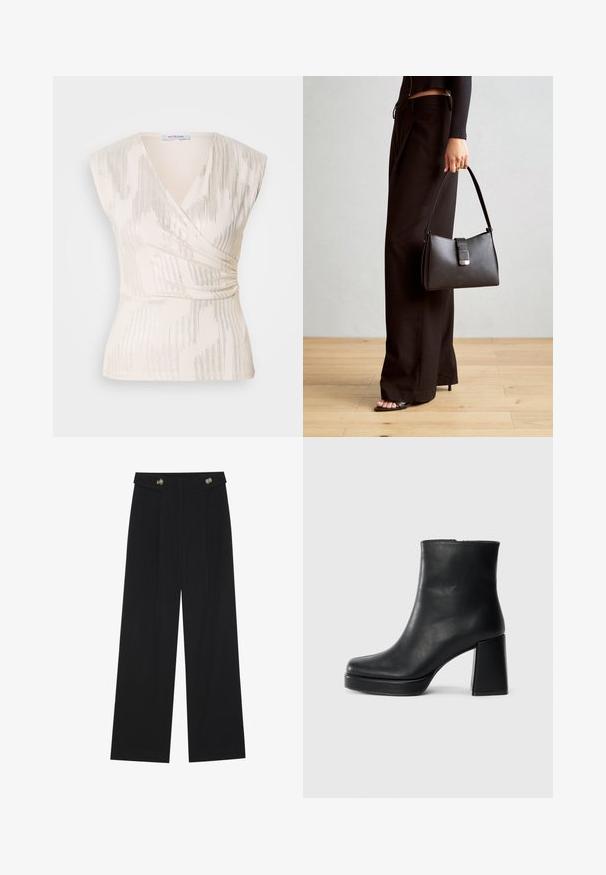 Haut enveloppant couleur crème avec des manches courtes, présentant un motif texturé de rayures verticales et un léger éclat, froncé à la taille.; Pantalons larges noirs à taille haute, avec des détails de boutons à la taille et des plis sur le devant.; Bottine en cuir noir avec un talon bloc et une semelle plateforme, vue de côté sur un fond blanc uni.; Sac à main noir à la forme structurée, texture lisse et fermoir métallique. Associé à un pantalon noir ample et des sandales ouvertes sur un sol en bois.