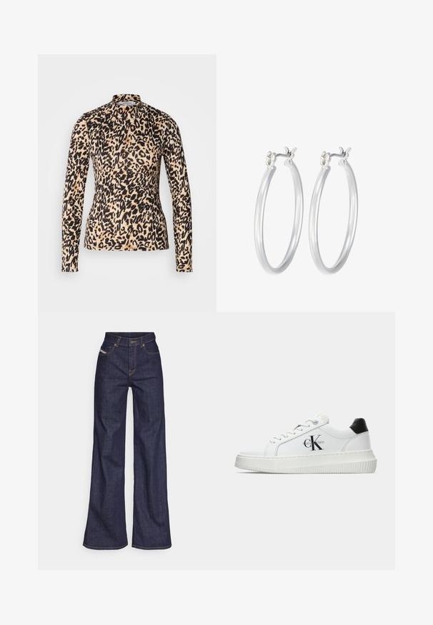 Top a maniche lunghe con stampa leopardata in tonalità marrone e nera, caratterizzato da un collo alto e un design aderente con una texture liscia.; Jeans a gamba larga di denim blu scuro con vita alta, caratterizzati da cuciture arancioni, design a cinque tasche e chiusura con bottone.; Sneaker bassa bianca con tassello nero sul tallone, suola a piattaforma, lacci e logo "CK" di Calvin Klein sul lato.; Orecchini a cerchio in argento con una finitura liscia e lucida. Forma rotonda e chiusura a scatto sicura. Design leggero adatto per l'uso quotidiano.