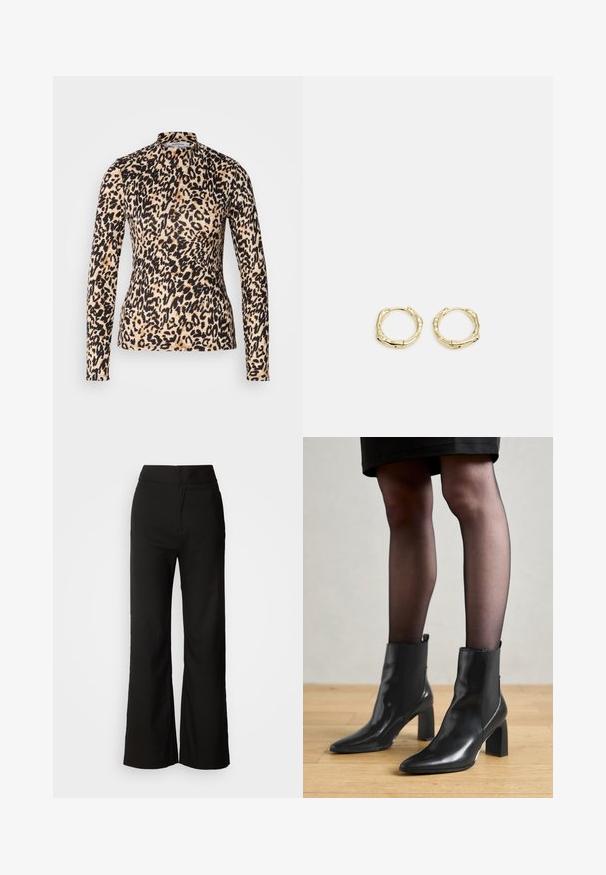 Dugotrajni utegnuti gornji dio u uzorak leopard u bež i crnoj boji, s imitacijom ovratnika i glatkom teksturom.; Crne široke hlače s glatkom teksturom, visokim strukom i jednostavnim dizajnom. Bez vidljivih džepova ili ukrasa.; Crne kožne gležnjače s šiljastim vrhom, robusnim četvrtastim potplatom i elegantnim dizajnom. Imaju elastične bočne panele za jednostavno oblačenje.; Zlatne okrugle naušnice s teksturiranim, nepravilnim oblikom. Imaju nevidljivo zatvaranje i polirani završni sloj, što naglašava moderan dizajn.