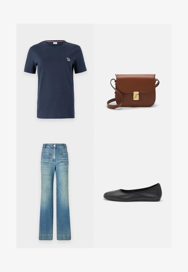 PS Paul Smith WOMENS ZEBRA - Basic póló - blue; Világoskék, trapéz szabású farmernadrág öt zsebbel, övhurkokkal, gombos záródással és enyhén fakó textúrával, a hátsó részén egy piros logó részlettel.; Fekete bőr balettcipő lekerekített orral, sima tekstúrával, minimális varrással és rugalmas talp kialakítással.; Barna bőr kézitáska, hajtókás zárással, arany színű fém kiegészítőkkel, vállpánttal és sima felülettel. Kompakt téglalap alakú.