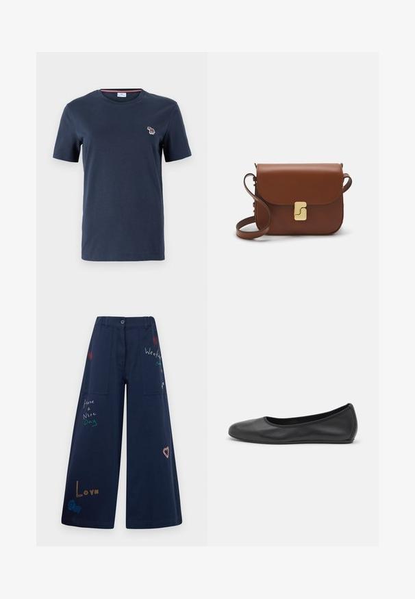 PS Paul Smith WOMENS ZEBRA - T-shirt básica - blue; Calças largas em azul marinho em algodão com múltiplos bolsos. Apresenta texto e gráficos bordados coloridos, incluindo corações e frases divertidas.; Bailarina preta em pele com bico arredondado, textura suave, detalhe de costura minimalista e design de sola flexível.; Bolsa de couro castanho com fecho de aba, decoração em tom dourado, alça de ombro e textura suave. Formato retangular compacto.
