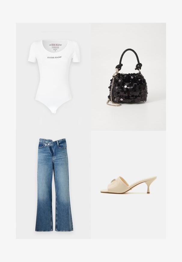 Bílý těsný body vyrobený z bavlny, s kulatým výstřihem a krátkými rukávy. Obsahuje diskrétní patent na dně.; Světle modré riflové zvonové džíny s vysokým pasem, mají dva knoflíky a přední kapsy. Látka má vybledlý povrch s jemnými variacemi.; Krémové lakované kožené sandály typu mule s otvorenou špičkou a nízkým stiletto podpatkem. Obsahují centrální dekorativní prvek na svršku. Hladký, lesklý povrch.; Černá mini kabelka s flitry, s uzlovým texturovaným popruhem a stříbrným řetízkem. Zaoblený tvar s nařaseným vrchem a reflexními detaily.