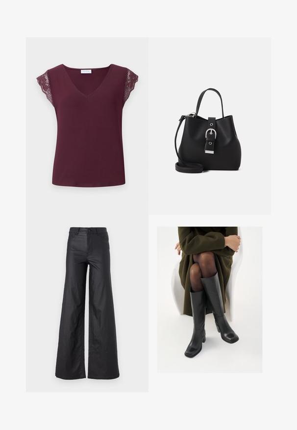 Burgundský top s V výstrihom a krátkymi rukávmi s čipkovým lemovaním. Hladká, ľahká tkanina s voľným strihom a bez viditeľného kovania.; Čierne široké nohavice z materiálu imitujúceho kožu. Majú vysoký pás, pútka na opasok, dve predné vrecká a šité detaily.; Čierne kožené čižmy po kolená so štvrtým prstom a blokovým opätkom, zobrazené s modelom sediacim v olivovo zelenej bunde. Hladká textúra, minimálne detaily.; Čierna kabelka vo forme vedra vyrobená z hladkej kože, s vystuženým tvarom, krátkym uchom a odnímateľným ramenným popruhom. Detail so striebornou sponou.