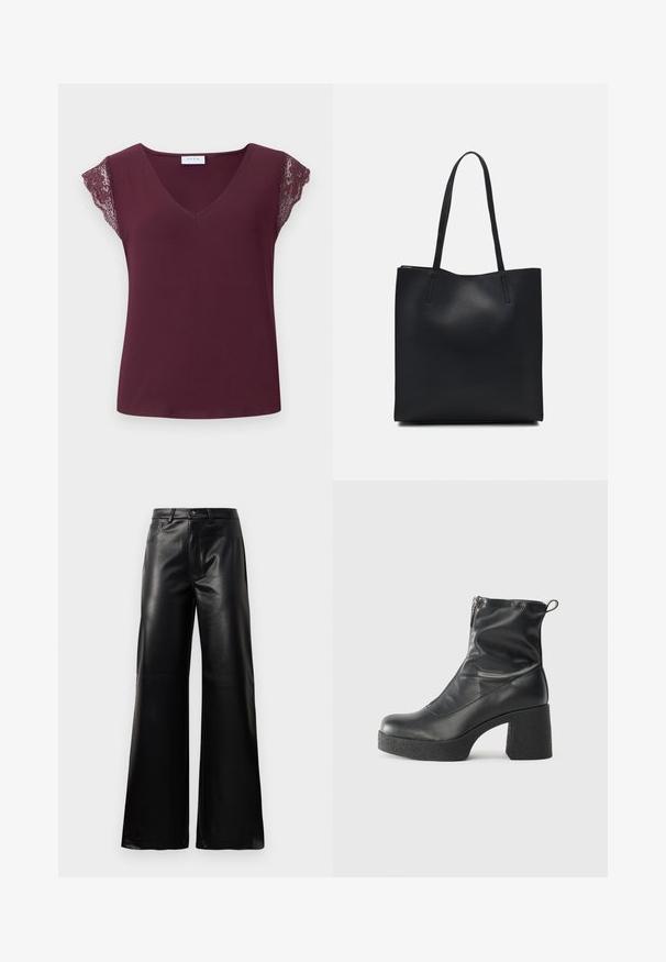 Bordeaux V-hals top med korte ærmer, der er pyntet med blonder. Glat, let stof med en afslappet pasform og ingen synlig hardware.; Sorte high-waisted bukser i bred ben i imiteret læder med forreste knap, lynlås, bæltestropper og sidelommer på hvid baggrund.; Sorte ankelstøvler lavet af glat læder, med en sidelukning, kraftig struktureret hæl og rundt tådesign.; Sort læder tote taske med glat tekstur, rektangulær form og to lange hanke. Ingen synlig hardware eller udsmykninger.