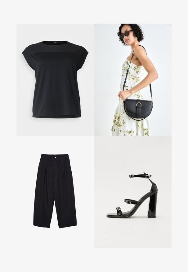 Schwarzes Kurzarmoberteil mit strukturiertem, gemustertem Einsatz und lockerer Passform. Glattes Baumwollmaterial mit rundem Ausschnitt und geradem Saum.; Schwarze Polyester-Culotte mit einem elastischen Bund, zwei vorderen Falten und einer lockeren Silhouette. Keine sichtbaren Muster oder Hardware-Details.; Schwarze patentierte Sandalen mit Absatz, quadratischer Spitze, Knöchelriemen und silbernen Schnallen. Mit einem stabilen Blockabsatz für mehr Stabilität.; Schwarze Lederhandtasche mit geschwungener Form, abnehmbarem Tragegurt und goldenen Beschlägen. Die Tasche verfügt über einen Deckel mit einer Schnallen-Details.