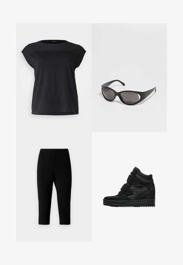 Sort kortærmet top med en struktureret, mønstret yoke og en afslappet pasform. Glat bomuldsstof med rund halsudskæring og lige kant.; Sorte capribukser lavet af strækbart stof, med et tætsiddende design der slutter lige under knæet, med en glat tekstur og uden synlige sømme.; Sorte høj-top sneakers lavet af ruskind og mesh, med velcro-remme, en glat overflade og en struktureret gummisål for godt greb.; Sorte solbriller med ovale linser og et strømlinet design. Stellet er blankt og bredt og har en udskæringsdetalje på siderne.; Sort læderhåndtaske med flettede håndtag, lynlåslomme og hængende frynser. Tekstureret overflade med metalnitter og hardware-accenter.