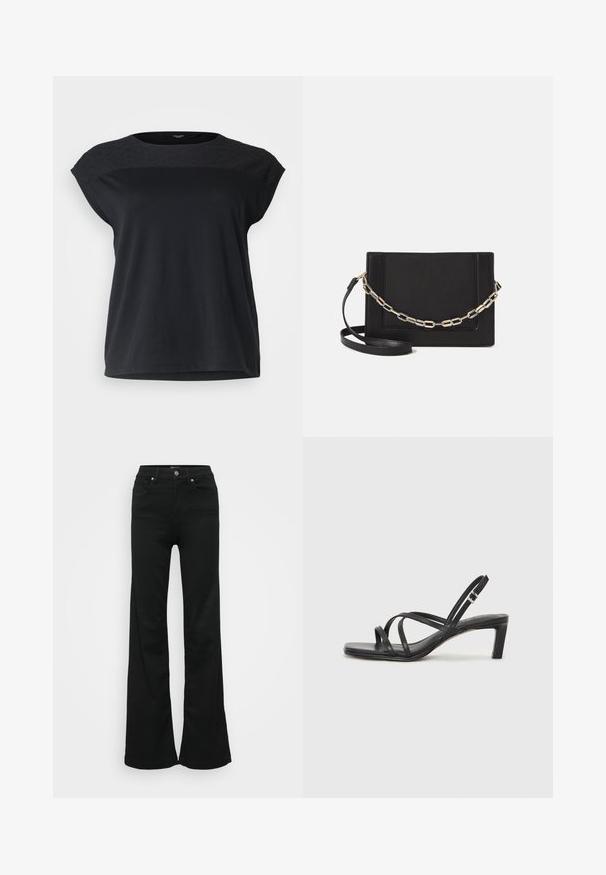 Juodas trumpomis rankovėmis viršus su tekstūruota, raštuota yoke ir laisvu siluetu. Lygus medvilnės audinys su apvaliu iškirpimu ir tiesiu kraštu.; Juodos plačios džinsinės kelnės, pagamintos iš denimo, su aukštu liemeniu, penkiomis kišenėmis ir metaliniu sagčių uždarymu. Lygi tekstūra su minimaliu dekoravimu.; Juodi šlepetės su kvadratiniu pirštu ir žemu bloku kulnu. Yra keli ploni dirželiai ir reguliuojamas kulkšnies diržas. Pagaminti iš lygios odos.; Juodas odinis per petį nešiojamas krepšys turi lygų paviršių, stačiakampio formą ir metalinę grandinėlę priekyje. Pridedama reguliuojama dirželis.; Sidabrinis dvigubas žiedas su lygiu, poliruotu paviršiumi. Pasižymi sklandžiu, kreiptu dizainu su persipinančiomis dalimis, suteikiančiomis modernų išvaizdą.