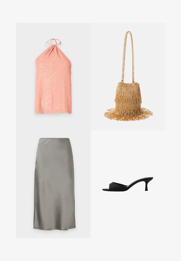 Top halter pesca realizzato in tessuto texturizzato con paillettes, caratterizzato da un collo arricciato e una chiusura con lacci sul retro.; Gonna midi in raso grigio con una texture liscia e elegante. Leggeri spacchi laterali che migliorano il movimento. Design minimalista, vita attillata e silhouette dritta.; Mule nere con tacco alto, dotate di una punta larga e aperta e di una parte superiore curva. Realizzate in tessuto texture, presentano un tacco sottile e una suola liscia.; Borsetta con perline dorate dal design frangiato; presenta una tracolla a catena e decorazioni testurizzate a strati che si estendono dalla base.