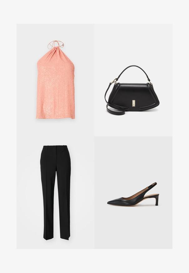 Peach halter top made of textured fabric with sequins, featuring a gathered neckline and a tie closure at the back.; Black tailored trousers with a straight-leg design, featuring a smooth texture and crisp creases along the front. No visible hardware.; Black leather slingback pump with a pointed toe, low heel, and a smooth texture. Features a thin adjustable strap for a secure fit.; Black leather handbag with a structured design, featuring a cropped shape, top handle, and gold hardware accent. Adjustable shoulder strap included.