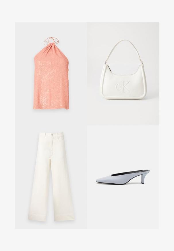 Perzikkleurige haltertop van textuurstof met pailletten, voorzien van een geraffineerde halslijn en een striksluiting aan de achterkant.; Bredere broek van lichtbeige katoen. Heeft een hoge taille, voorzakken en een rechte snit. Schoon afgewerkte zoom zonder patronen.; Lichtblauwe patentleren mule met een spitse neus, een lage doorzichtige hak, en een strak ontwerp met een uitsparing bij de vamp.; Witte lederen handtas met een gebogen vorm, voorzien van een reliëf "CK" logo aan de voorkant en een enkele schouderriem. Ritsluiting aan de bovenkant.