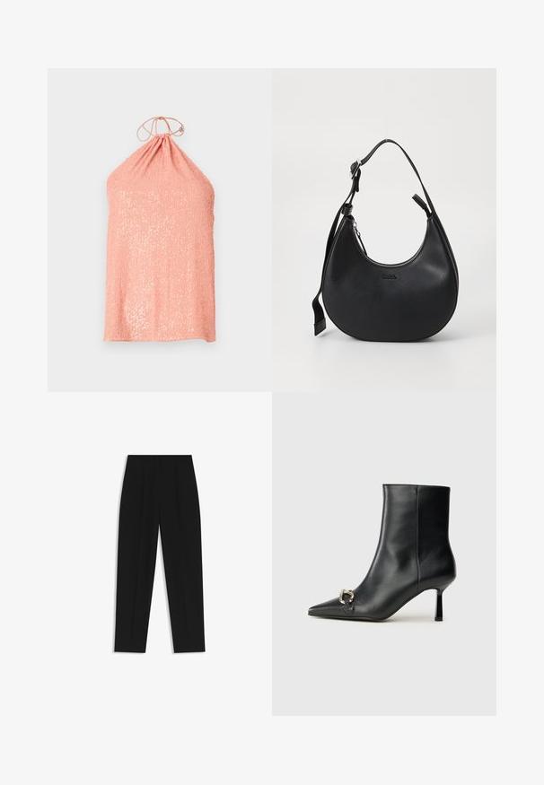 Perzikkleurige haltertop van textuurstof met pailletten, voorzien van een geraffineerde halslijn en een striksluiting aan de achterkant.; Zwarte broeken met een rechte pasvorm, voorzien van dubbele plooien, een zachte textuur en een klassiek taillebandontwerp. Geen zichtbare hardware of accenten.; Zwarte leren enkelboot met spitse neus, slanke middenhoge hak en zilveren gespdetail aan de zijkant op een effen achtergrond.; Zwarte leren schoudertas met een gebogen vorm, ritsluiting en verstelbare schouderband. Voorzien van het reliëf logo van het merk aan de voorkant.