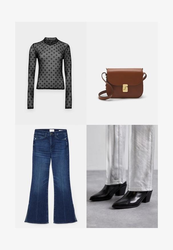 Ksubi SYMBOLS  - Top s dlhým rukávom - black; Tmavomodré rozšírené džínsy vyrobené z denimu. Majú vysoký pás, predné vrecká a rozparky na spodnom okraji. Klasický dizajn s piatimi vreckami.; Čierne kožené členkové topánky s špicatou špičkou a blokovým podpätkom, kombinované s lesklými striebornými nohavicami, predvádzajúce elegantné textúry a kontrastné farby.; Hnedá kožená kabelka s klopou, zlatými kovovými prvkami, ramenným popruhom a hladkým povrchom. Kompaktný obdĺžnikový tvar.