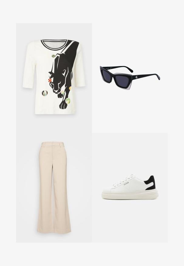 Valge puuvillane T-särk kolmeveerandvarrukatega, millel on musta pantri graafika ja mitmevärvilised ringikujulised mustrid aksendina.; Beeži laiad püksid sujuva tekstuuriga, kõrgendatud vöökoht ja kaks eesmist taskut. Puhtas disain, mis on kohandatud sobivusega.; Valged nahast tennisetossud paksu valge tallaga, musta sametist kontsakeeuga ja külje peal riigilogo reljeefne kujundus. Lukkeskeem kuue silmaauguga.; Mustad suured mustad prillid geomeetrilise kujuga, tumedate läätsedega ja kontrastse halli detailiga raamidel. Logo käe peal.