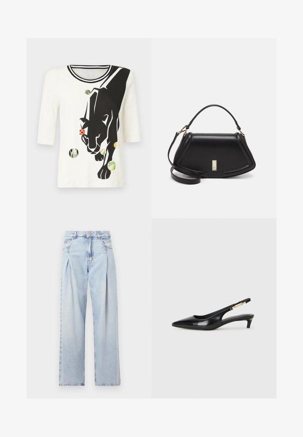 White cotton T-shirt with three-quarter sleeves, featuring a black panther graphic and multicolored circular patterns as accents.; Light blue denim jeans with a high waist, wide-leg cut, two side pockets, and pleated design feature. Soft texture with a faded finish.; Black leather slingback heels with a pointed toe, featuring a slim heel and a gold-tone accent on the adjustable strap. Smooth texture.; Black leather handbag with a structured design, featuring a cropped shape, top handle, and gold hardware accent. Adjustable shoulder strap included.
