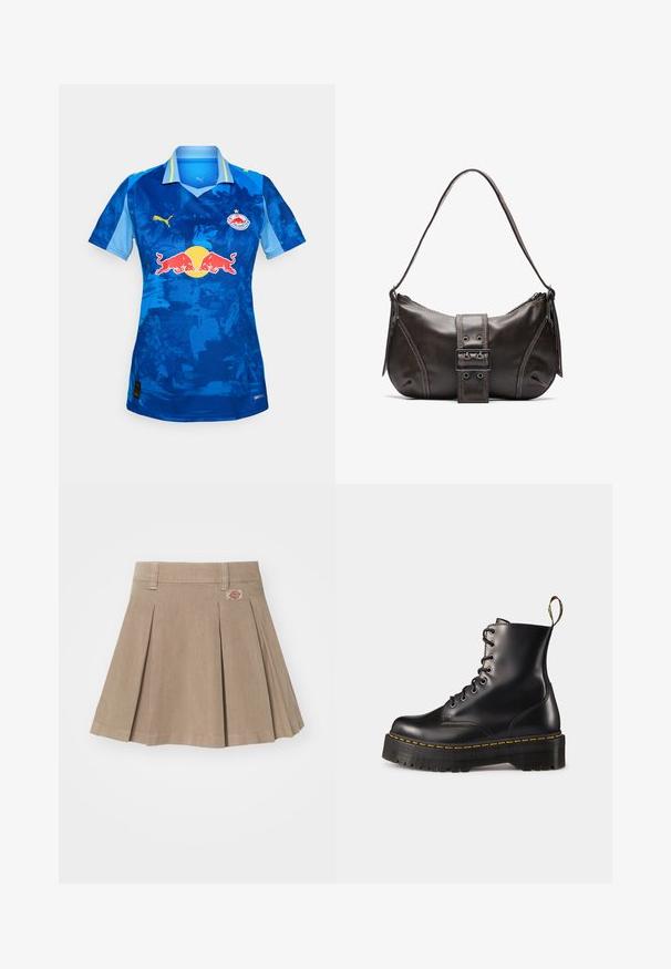 Modrá futbalová dres s krátkymi rukávmi, s gradientovým dizajnom, logom Pumy, emblémom Red Bullu a golierom so svetlomodrými akcentmi.; Béžová plisovaná sukňa vyrobená z texturovanej tkaniny. Má pás s pútkami na opasok a logo nášivku na prednej ľavej strane.; Čierne kožené členkové topánky na šnurovanie s masívnou čiernou podrážkou a žltým prešitím. Obsahujú pútko na zadnej strane a okrúhle kovové očká.; Hnedá kožená taška cez plece s zakriveným tvarom, s výrazným detailom sponky, kontrastným prešívaním a jedným popruhom na plece.