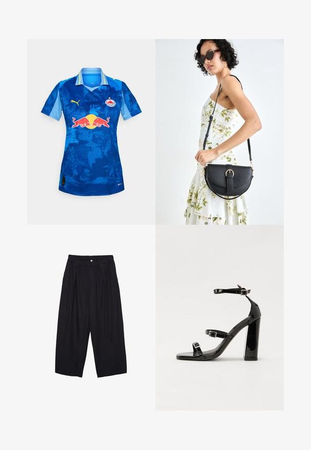 Modra nogometna majica s kratkimi rokavi, ki ima gradientni oblikovni vzorec, Puma logotip, emblem Red Bulla in ovratnik z svetlo modrimi poudarki.; Črne poliesterske culotte hlače z elastičnim pasom, dvema sprednjima nabiranjema in ohlapnim krojem. Brez vidnih vzorcev ali kovinskih detajlov.; Črne lakirane sandale s peto, kvadratnim prstom, trakovi okrog gležnja in srebrnimi zaponkami. Opremljene so s stabilno Debelo peto.; Črna usnjena torbica s ukrivljeno obliko, z odstranljivo naramnico in zlatimi dodatki. Torbica ima pokrov s podrobnostmi v obliki zaponke.
