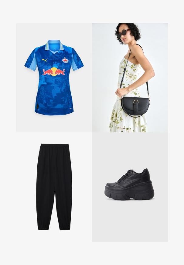 Kék rövidujjú focimez, amely fokozatos színátmenetes dizájnnal, Puma logóval, Red Bull emblémával és világoskék részletekkel ellátott gallérral rendelkezik.; Fekete, könnyű nadrág elasztikus derékkal és ráncolt bokákkal. Az anyag sima és laza, szűkített dizájnnal rendelkezik.; Fekete fűzős sportcipők vastag talppal, sima bőrből készült felső résszel, kerek orral és jellegzetes, réteges platform dizájnnal.; Fekete bőrtáska ívelt formával, levehető pánttal és arany színű fémrészekkel. A táskán egy csattal díszített fedél található.