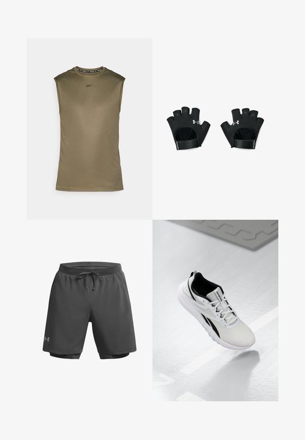 Varrukateta sportlik särk oliivrohelises, valmistatud siledast ja kergest kangast. Omab musta Reeboki logo ja ümmargust kaelust.; Tumedat hallid spordilühikesed püksid elastse vöökoha, reguleeritava nööriga ja sisemise võrklinas voodriga; vasakul jalal on peen bränding.; Heledat hall värv sörk, mustade aktsentidega, tekstuurse võrgu pealmise osaga, pehmendatud tallaga ja nööridega kinnitusega. Omab kandmisse tõmbeauku.; Mustad, sõrmikudeta treeningkindad reguleeritava randmepaelaga. Omaduseks tekstuuriga haare ja silmapaistev logo taga. Vastupidav materjal.