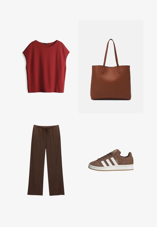 Rode top met korte mouwen en een losse, boxy pasvorm. Gemaakt van gladde stof, met een brede ronde halslijn en verlaagde schoudernaden.; Bruine wijde broek gemaakt van zachte stof, met een elastische tailleband en een trekkoord, en twee zijzakken.; Bruine suède sneaker met witte leren strepen, rubberen zool, ronde neus en vetersluiting. Kenmerkt zich door een logo op de tong en geperforeerde accenten.; Bruine leren tote bag met een gladde textuur, een ontwerp met een open bovenkant en twee schouderbanden. Kenmerkt zich door minimale stiksels en geen zichtbare hardware.