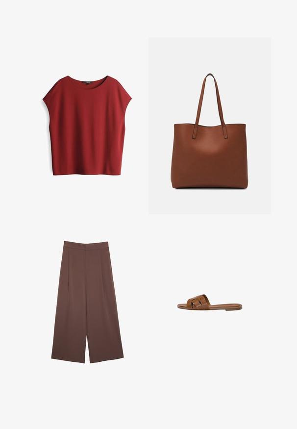 Red short-sleeve top with a loose, boxy design. Made from smooth fabric, featuring a wide round neckline and dropped shoulder seams.; Brown wide-leg trousers with a smooth texture, featuring a high waist and front pleats. The fabric is lightweight and flows loosely.; Brown leather slide sandal with crossed straps, flat sole, and a smooth texture. Simple design without embellishments or patterns.; Brown leather tote bag with a smooth texture, open top design, and two shoulder straps. Features minimal stitching and no visible hardware.
