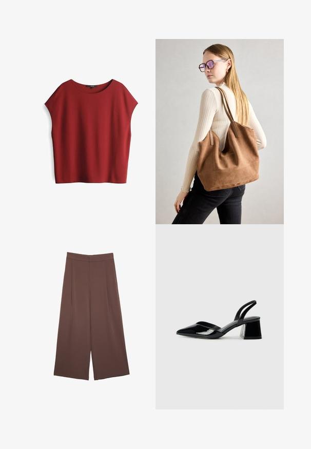 Rotes kurzärmliges Oberteil mit einer lockeren, kastigen Passform. Hergestellt aus glattem Stoff, mit einem weiten runden Ausschnitt und überschnittenen Schultern.; Braune Weite-Leg-Hosen mit einer glatten Textur, hoher Taille und Vorderfalten. Der Stoff ist leicht und fällt locker.; Schwarze Lackleder-Slingback-High Heels mit spitzem Schuh und einem geometrischen Blockabsatz. Verfügt über ein schlankes, minimalistisches Design und eine glatte Textur.; Braune Wildleder-Tasche mit weicher Textur, großer Öffnung und langen Trägern. Sie verfügt über ein simples Design mit sichtbarem Stich und ohne Beschläge.