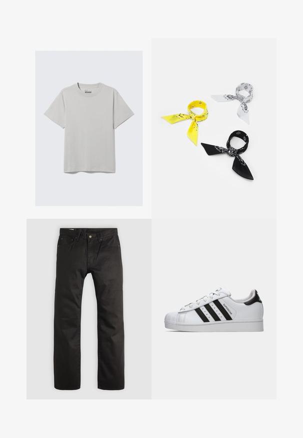 Világosszürke pamut póló, kerek nyakkivágással és rövid ujjal, minimalista dizájnnal és kényelmes szabással. Nincsenek minták vagy díszítések.; Fekete egyenes szárú nadrág elöl gombos és cipzáros záródással, övhurkokkal és öt zsebes kialakítással, világos háttér előtt.; Fehér Adidas Superstar sportcipő fekete csíkokkal, kagyló orral és "Superstar" felirattal az oldalon, bal profilban, fehér háttér előtt.; Három bandana: egy sárga fekete mintákkal, egy fehér fekete grafikával, és egy fekete fehér grafikával. Mind három négyzet alakú, könnyű anyagból készült.